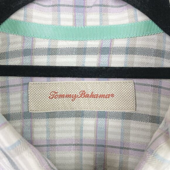 Tommy Bahama Men's Medium 100% Silk Short Sleeve Collared Shirt Plaid Cream - Picture 6 of 16